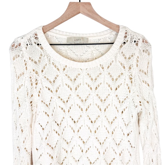 Loft Geo Pointelle Knit Crochet Dristressed Chewed Hem Sweater - Picture 4 of 10